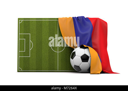 L'Arménie drapeau drapé sur un terrain de soccer et de football ballon. Le Rendu 3D Banque D'Images