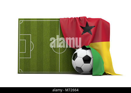 Guinée Bissau drapeau drapé sur un terrain de soccer et de football ballon. Le Rendu 3D Banque D'Images