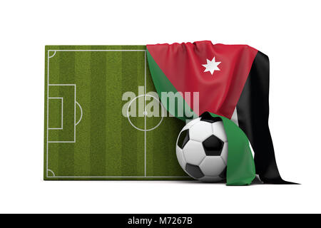 La Jordanie drapeau drapé sur un terrain de soccer et de football ballon. Le Rendu 3D Banque D'Images