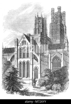 Cathédrale d'Ely a ses origines dans AD 672 quand saint Etheldreda construit une église abbatiale. Le bâtiment actuel remonte à 1083, et il a été accordé le statut de cathédrale en 1109. Construit dans un style roman monumental, d'une exubérante, gothique sa caractéristique la plus frappante est la tour octogonale, avec au-dessus de la lanterne, qui offre un espace intérieur unique et, en même temps que la Tour Ouest, domine le paysage environnant. Ville d'Ely, Cambridgeshire, Angleterre. Banque D'Images