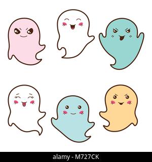 Ensemble de kawaii fantômes avec différentes expressions du visage Illustration de Vecteur