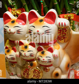 Maneki Neko lucky fortune chats en exposition dans un restaurant. Banque D'Images