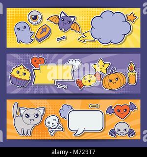 Halloween kawaii cute doodles avec bannières horizontales Illustration de Vecteur