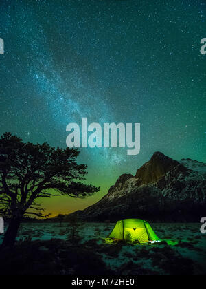 Le camping sous la Voie lactée. Un pin, une tente et de la montagne de "trandåtinden' pendant la nuit avec la voie lactée dans le ciel nocturne. Banque D'Images