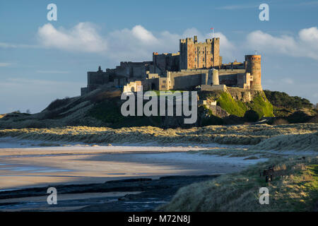 Château de Bamburgh éclairée par les dernières lueurs d'un soir d'hivers. Restauré par Lord William Armstrong au 19ème siècle, le château est situé sur une extrusion Banque D'Images