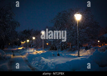 Après la tempête de neige d'hiver dans la nuit avec l'éclairage de rue Banque D'Images