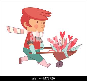 Jardinier d'amour, cartoon vector illustration, un lire-jardinier engagé portant des gants et bottes en caoutchouc rose weeling un bouquet de fleurs dans une brouette, une partie Illustration de Vecteur