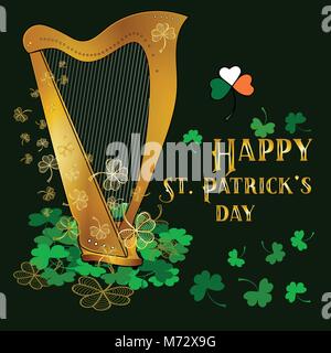 Concept de fête St Patricks day avec goldent clover et harpe Illustration de Vecteur