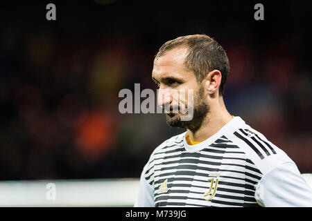 Londres, ANGLETERRE - 07 mars : Giorgio Chiellini (3) de la Juventus lors de la Ligue des Champions Tour de 16 deuxième match de jambe entre Tottenham Hotspur et la Juventus au stade de Wembley, le 7 mars 2018 à Londres, Royaume-Uni. (Photo de MO Media/ ) Banque D'Images