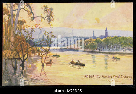 Cette image montre la ville d'Adélaïde depuis une vue le long de la rivière Torrens. La photographie panoramique capture la beauté du paysage et des rives de la ville, soulignant l’harmonie entre le développement urbain et la nature. Banque D'Images