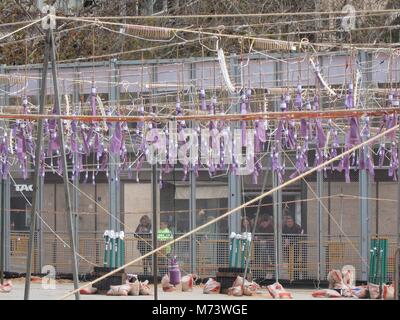 Pie de Foto : Montaje de color morado para la mascleta Caballer de FX de este 8M Noticia Asociada : La mascleta se tine de morado Para llenar fuerza de la Plaza del Ayuntamiento El Dia de la Mujer. El color morado, symbole de la lucha feminista, ha tenido este jueves, Dia Internacional de la Mujer, la octava mascleta de las Fallas de 2018, onu montaje de la Pirotecnia Caballer Global FX Foc de Moncada (Valence) que ha llenado fuerza de la Plaza del Ayuntamiento de Valencia y que ha cautivado al publico desde el inicio. 08/03/2018 Le féminisme première grève générale en Espagne pendant t Banque D'Images