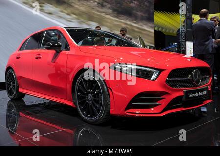 Genève, SUISSE - Le 7 mars 2018 : Mercedes Benz A-class voiture 200 présenté à la 88e Salon International de l'Automobile de Genève. Credit : JLBvdWOLF/Alamy Live News Banque D'Images