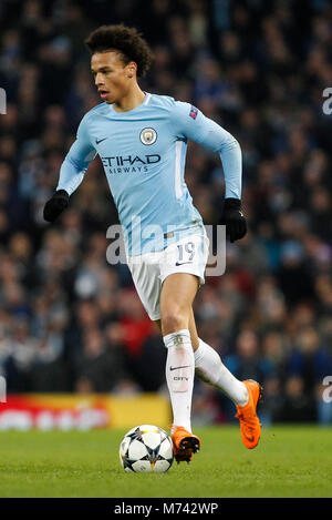 Manchester, UK. 7 mars, 2018. Leroy Sane de Manchester City lors de la Ligue des Champions Tour de 16 match entre Manchester City et le FC Bâle à l'Etihad Stadium le 7 mars 2018 à Manchester, en Angleterre. Credit : PHC Images/Alamy Live News Banque D'Images