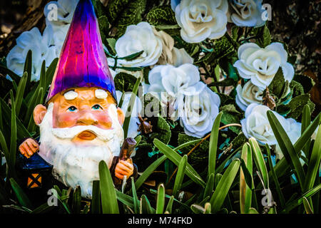 Un nain de jardin pose devant des fleurs. Banque D'Images