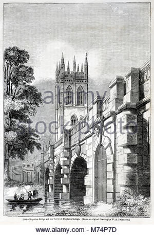 Pont-de-la-Madeleine & tour de Magdalen College, à partir de 1860 gravure ancienne Banque D'Images