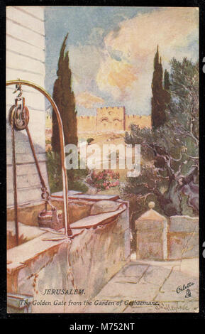 Cette image capture la porte dorée de Jérusalem, vue depuis le jardin de Gethsémani, un monument religieux et historique important. Banque D'Images