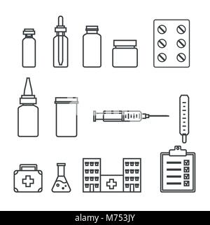 Medical icons set linéaire. Médicaments, pilules, hôpital, seringue, thermomètre. Illustration du vecteur. Illustration de Vecteur