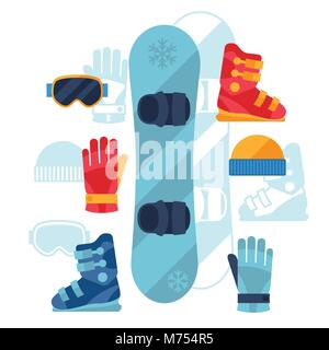 L'équipement de snowboard icons set dans un style design plat Illustration de Vecteur