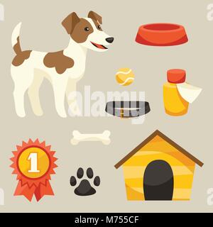 Ensemble d'icônes et d'objets avec mignon chien Illustration de Vecteur