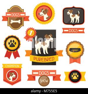 Badges, étiquettes, rubans avec chiens mignon, icônes et d'objets Illustration de Vecteur