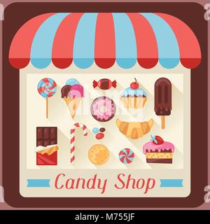 Candy Shop historique avec des bonbons, des bonbons et des gâteaux Illustration de Vecteur