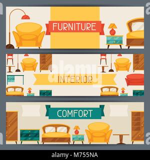 Les bannières horizontales de l'intérieur avec des meubles de style rétro Illustration de Vecteur