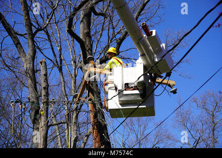 Puissance électrique équipe travaille à rétablir l'alimentation après une intense tempête de vent. Photo par Dennis Brack Banque D'Images