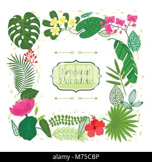 Paradis tropical carte avec feuilles et fleurs stylisées Illustration de Vecteur