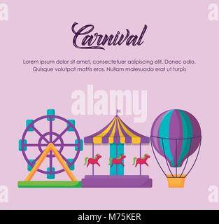 Carnaval cirque infographie avec fortune wheel et carousel icône sur fond rose, vector illustration Illustration de Vecteur