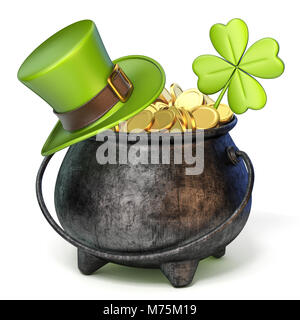 Pot de fer plein de pièces d'or, vert le jour de la Saint Patrick hat et trèfle 3D render illustration isolé sur fond blanc Banque D'Images