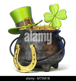 Pot de fer plein de pièces d'or, vert le jour de la Saint Patrick hat, trèfle et horseshoe rendu 3D illustration isolé sur fond blanc Banque D'Images