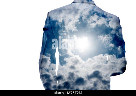 Double Exposure of businessman's back et ensoleillée et ciel nuageux Banque D'Images