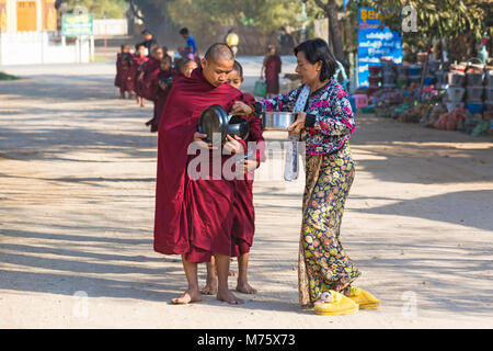 Procession de moines bouddhistes collectant des almes à Bagan, Myanmar (Birmanie), Asie en février - des femmes locales donnant du riz et de la nourriture Banque D'Images