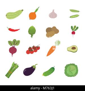 Définir l'icône illustration vecteur légumes isolé sur fond blanc. Betteraves, courgettes, pommes de terre, tomate, oignon, l'aubergine, le chou, le concombre, les carottes, les p Illustration de Vecteur