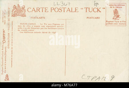 Cette carte postale représente une scène de Monte Carlo, en particulier l'événement « tir aux pigeons ». Monte Carlo, situé à Monaco, est célèbre pour ses casinos et ses événements de luxe, et cette image met en valeur l'un des sports de tir populaires dans la région. Banque D'Images