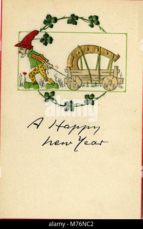 Une image festive d'un elfe traînant un fer à cheval et un trèfle à quatre feuilles, symbolisant la chance et la prospérité pour la nouvelle année dans un design de carte de voeux joyeux. Banque D'Images