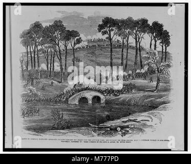 La bataille d'Antietam, livrée le 17 septembre 1862, représente la division de Burnside traversant le ruisseau d'Antietam et attaquant les positions confédérées après quatre heures de combats intenses. Cette bataille marque un moment charnière de la guerre de Sécession, avec de lourdes pertes des deux côtés. Banque D'Images