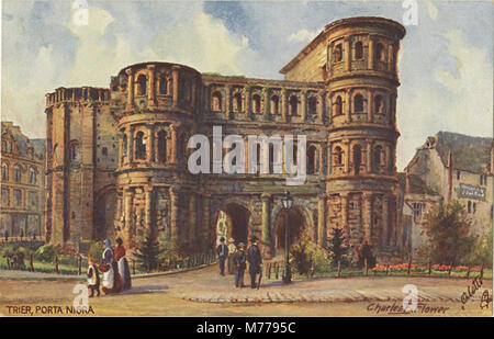 Une image de la Porta Nigra à Trèves, en Allemagne, datant de 639 av. J.-C. la Porta Nigra est une ancienne porte romaine de la ville, un point de repère architectural clé qui démontre l'influence romaine dans la région. Banque D'Images
