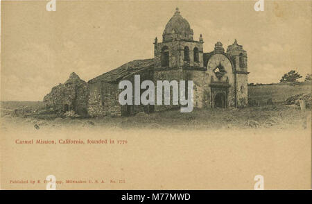 La Mission du Carmel, fondée en 1770, est représentée sur cette image. C'est l'une des missions historiques de Californie, connue pour son architecture coloniale espagnole et son importance culturelle. Banque D'Images
