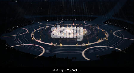 Pyeongchang, Corée du Sud. Mar 9, 2018. Artistes jouent au cours de la cérémonie d'ouverture des Jeux paralympiques d'hiver de PyeongChang 2018 au Stade olympique de PyeongChang, PyeongChang, Corée du Sud, le 9 mars 2018. Credit : Wang Jingqiang/Xinhua/Alamy Live News Banque D'Images