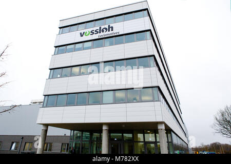 09 mars 2018, l'Allemagne, Kiel : vue sur les bureaux administratifs de Vossloh Locomotives. L'entreprise envisage d'ouvrir une nouvelle unité de production à Kiel-Suchsdorf. Photo : Frank Molter/dpa Banque D'Images