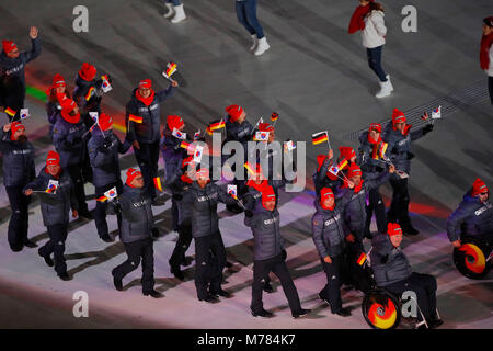 Pyeongchang, Corée du Sud. Mar 9, 2018. Délégation de l'Allemagne entre dans le stade lors de la cérémonie d'ouverture des Jeux paralympiques d'hiver de PyeongChang 2018 au Stade olympique de PyeongChang, PyeongChang, Corée du Sud, le 9 mars 2018. Credit : Wang Jingqiang/Xinhua/Alamy Live News Banque D'Images