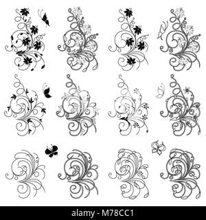 Ensemble de swirl floral design noir et blanc avec des fleurs et des éléments papillons isolé sur le fond blanc, vector illustration Illustration de Vecteur