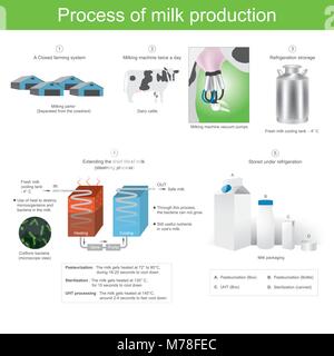 Utilisation de la chaleur pour détruire les micro-organismes et des bactéries dans le lait. Par ce processus, les bactéries ne peuvent pas se développer. Ce processus encore utile en éléments nutritifs Illustration de Vecteur