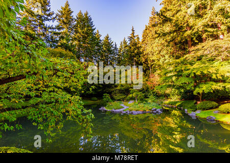 Une pelouse avec de l'herbe verte coupée près de la rivière avec le reflet des arbres, buissons et ciel dans l'eau, dans un parc avec des rochers et une île avec un Banque D'Images