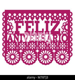 Feliz Aniversario papel picado vector design - Heureux Anniversaire carte de vœux, papier d'art populaire mexicain banner Illustration de Vecteur