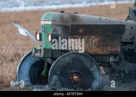 Tracteur pour champ de riz, en hiver, pour les inondations du terrain, la boue d'enterrer les tiges et les vestiges de la culture. Delta de l'Ebre, en Catalogne, Espagne Banque D'Images