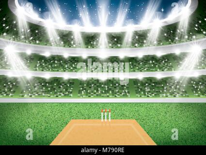 Stade de Cricket avec spots. Vector Illustration. Illustration de Vecteur