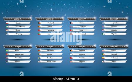 Championnat du Monde de Football 2018 des groupes avec les drapeaux des pays. Vector Illustration. Coupe du Monde de Football en Russie. Illustration de Vecteur