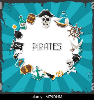 Contexte Le thème de pirates avec des autocollants et des objets Illustration de Vecteur